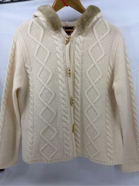 Carol Little Cream Cable Knit Hooded Sweater w/ Faux Fur Trim & Wood Buttons, PL